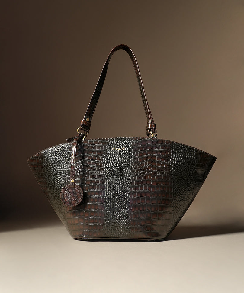 Theater Barrel Dark Brown Croco Shoulder Bag | Faux Croco