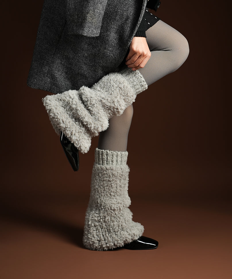 Banded Plush Ribbed Leg Warmer - Light Grey