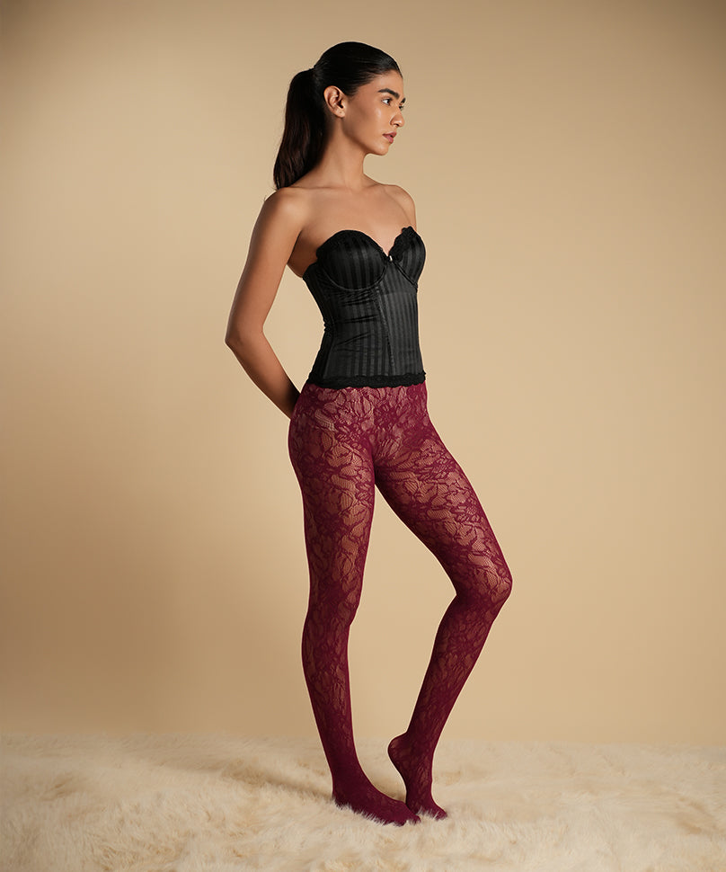 Elizabeth Lace Stockings - Maroon
