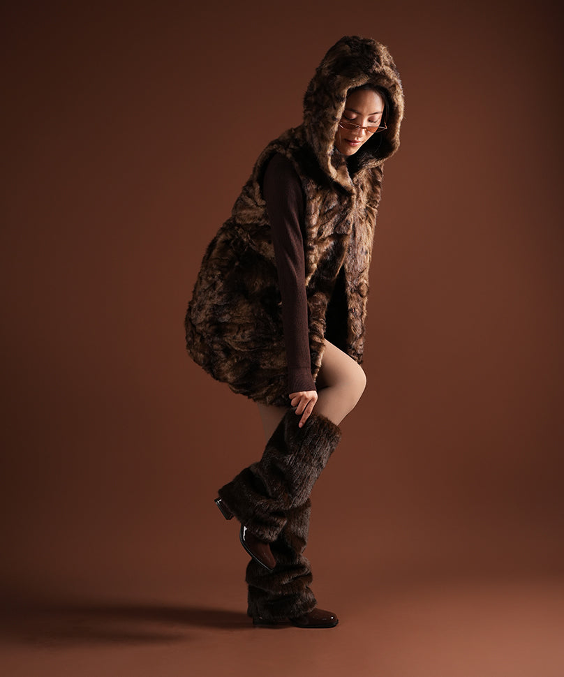 Ribbed Fur Leg Warmer - Brown