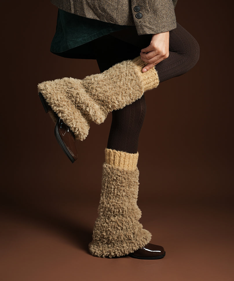 Banded Plush Ribbed Leg Warmer - Light Brown