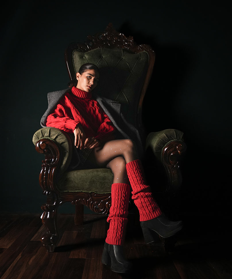 Cable Knit Leg Warmer - Red