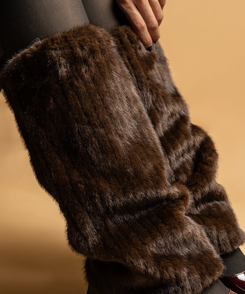 Ribbed Fur Leg Warmer - Brown