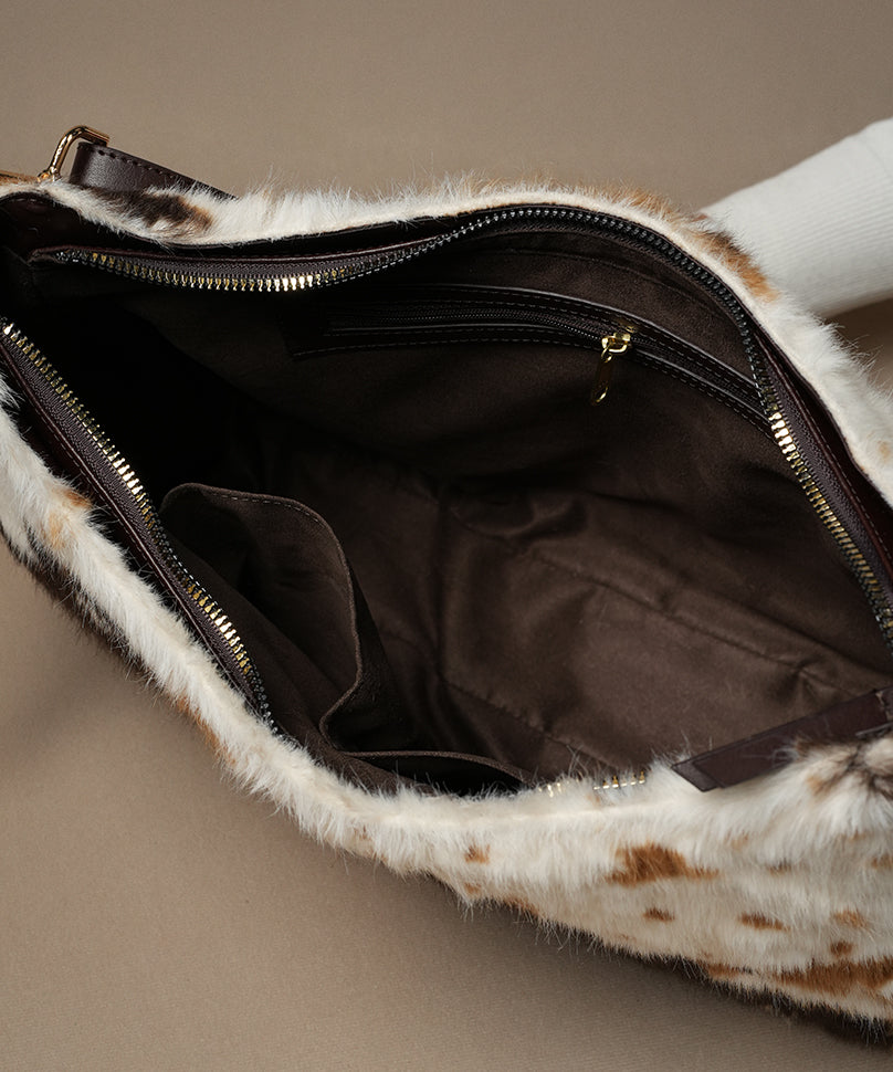 Theater Cowgirl - Faux Hair-on Leather Shoulder Bag with Cow-Print