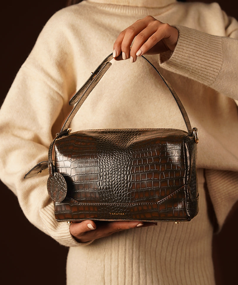 ブラウンクロコBAG Bonbon Croco(Brown) - Brown Croco Crossbody Bag with Suede Lining