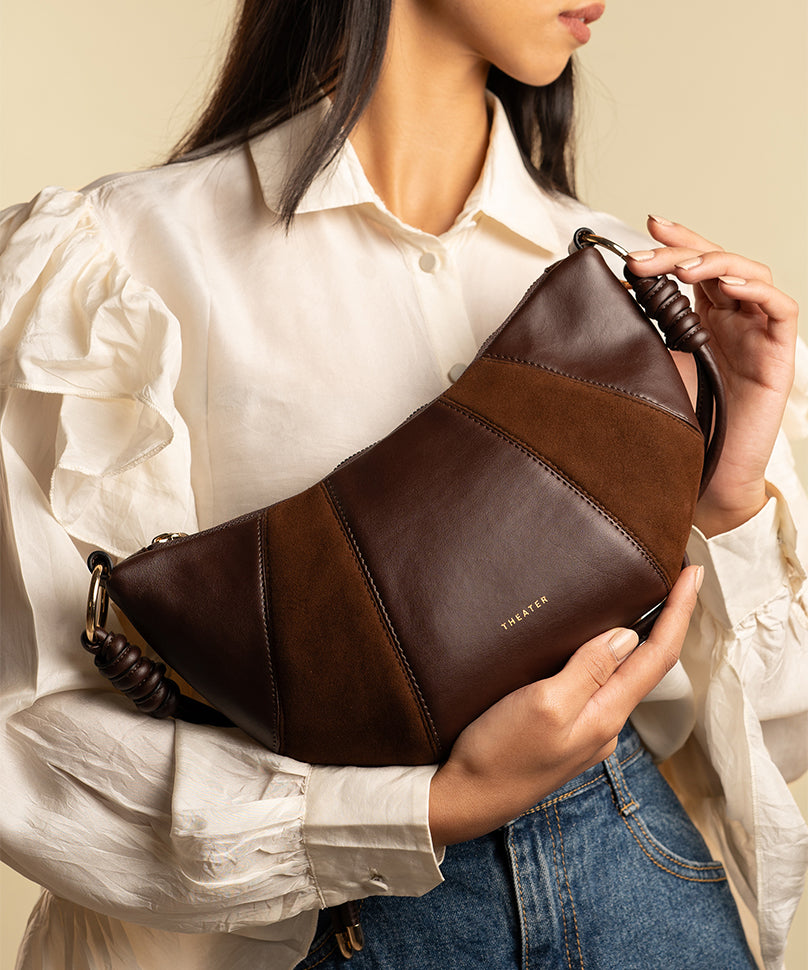 Theater Shrimp - Brown Suede Crossbody Bag with a Modern Shape