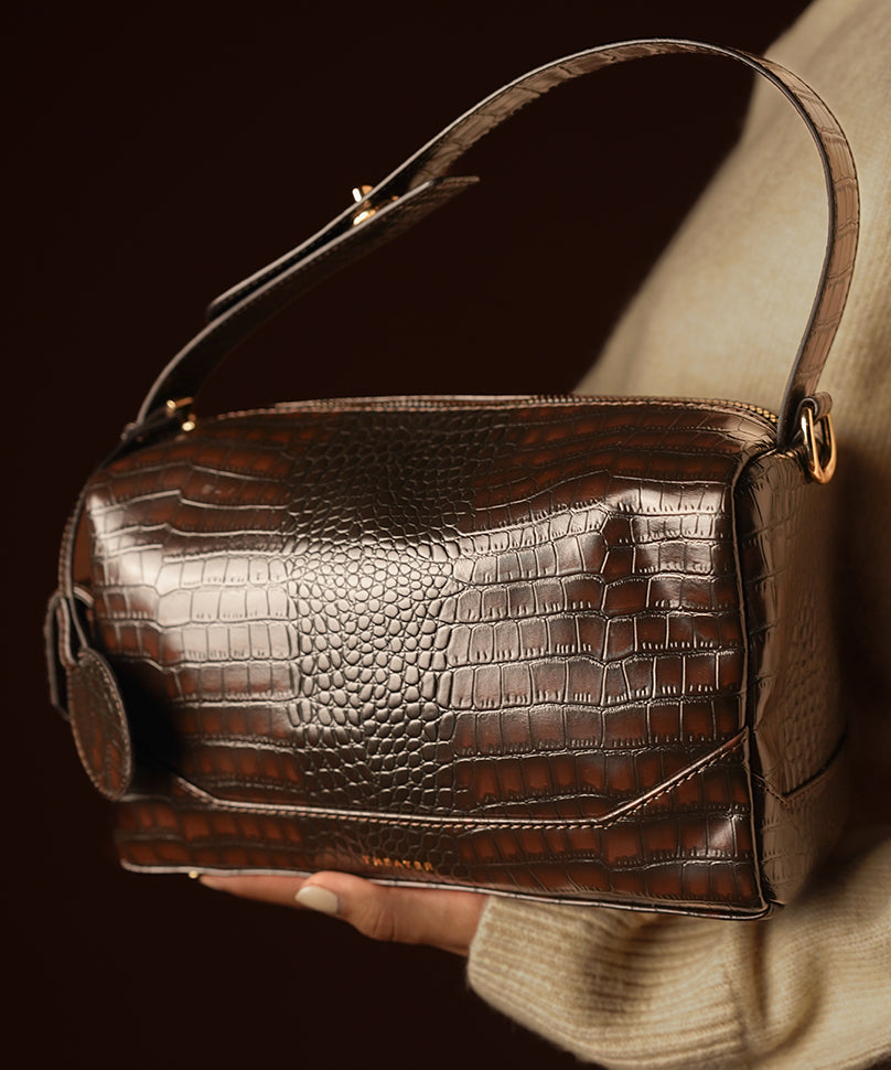 Bonbon Croco(Brown) - Brown Croco Crossbody Bag with Suede Lining