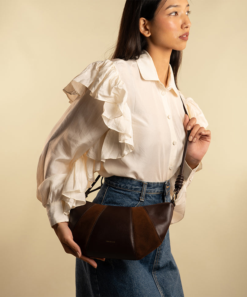 Theater Shrimp - Brown Suede Crossbody Bag with a Modern Shape