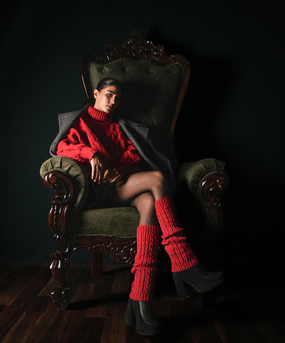 Cable Knit Leg Warmer - Red