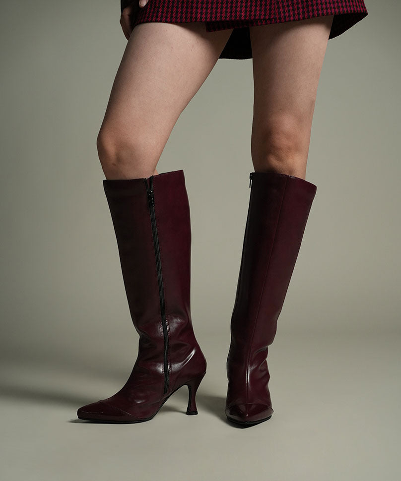 Sabrina - Burgundy Knee-High Boots with Patent Tip - Theater