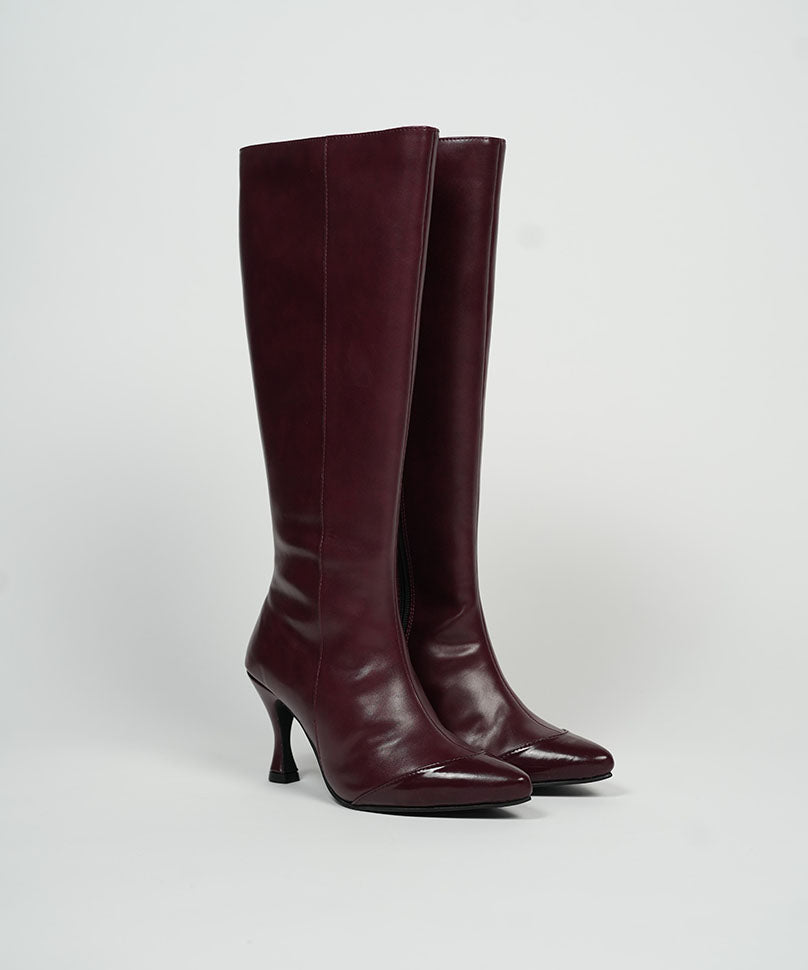 Sabrina - Burgundy Knee-High Boots with Patent Tip - Theater