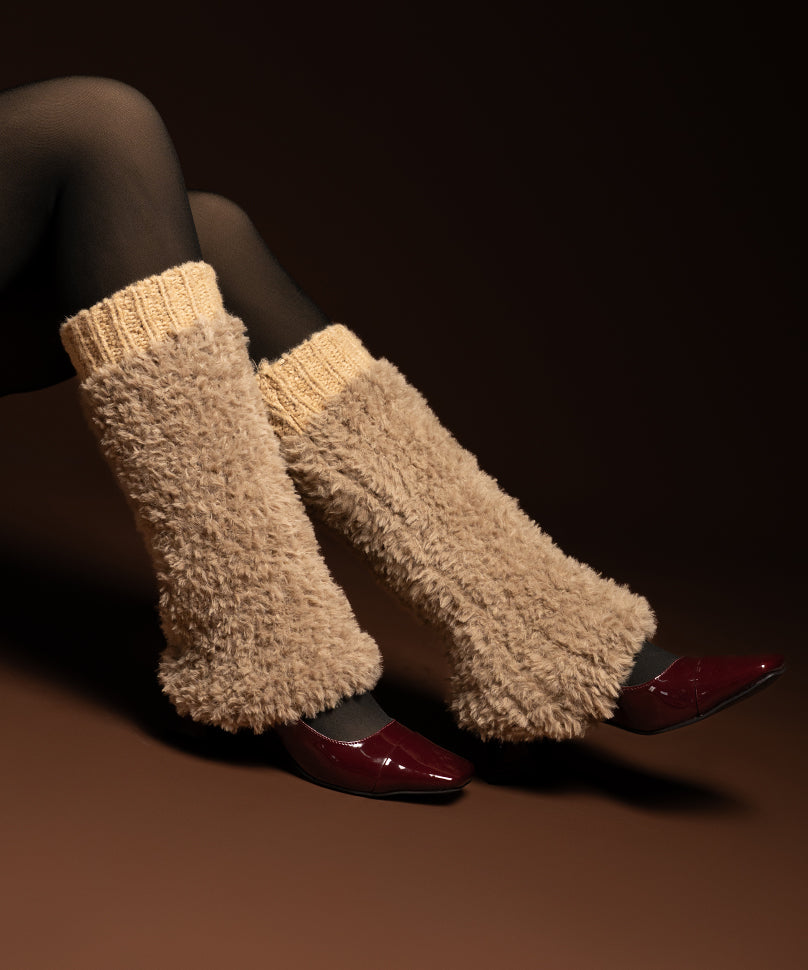 Banded Plush Ribbed Leg Warmer - Light Brown